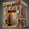 DALL·E 2024-09-12 15.42.43 - Create an image of a J.Y.B.B. Elevator in a steampunk style. The elevator should have a large, ornate design with brass and copper components, gears