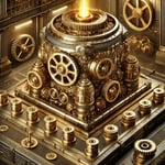 DALL·E 2024-09-12 16.08.53 - Create an image of the J.Y.B.B. Conqueror Gold in a steampunk style with a gold base color. The core should be an imposing structure made of polishe