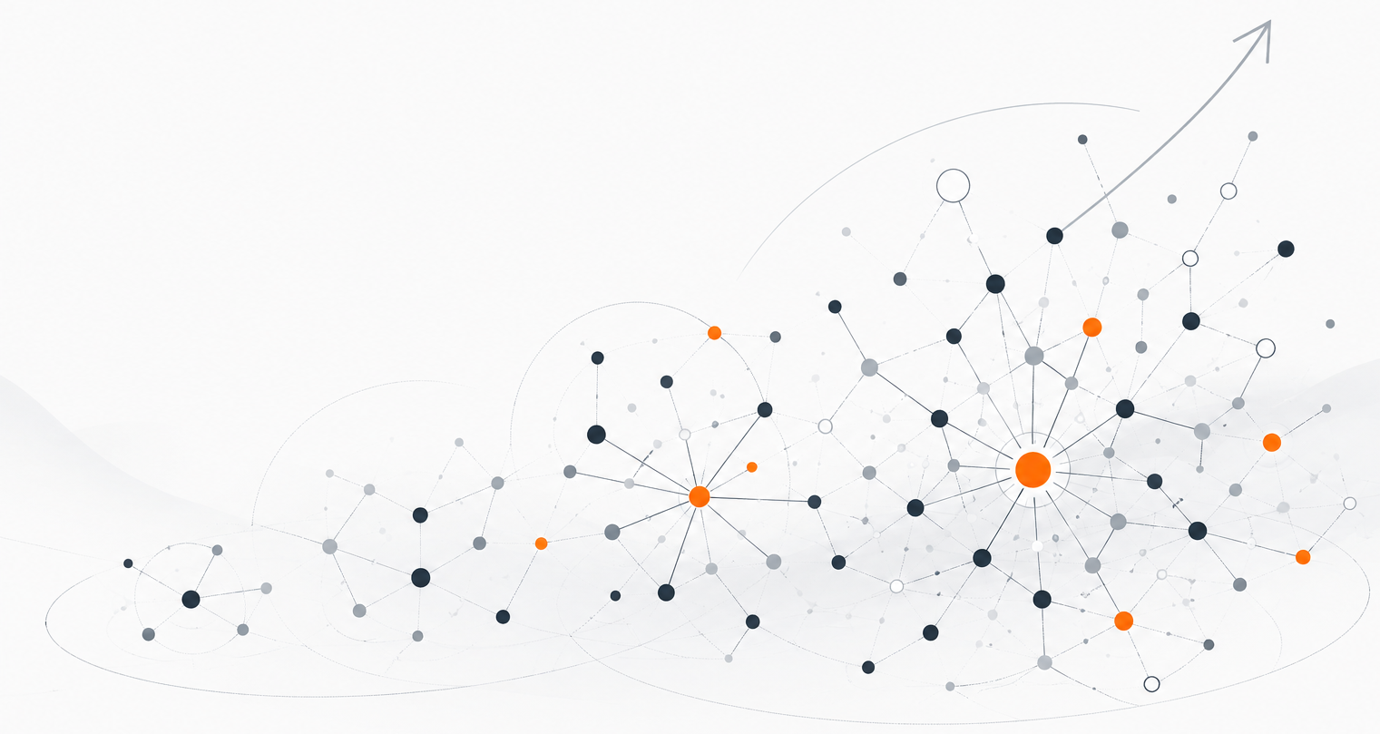 Abstract network illustration showing a scalable knowledge graph that continuously expands as new knowledge is added.