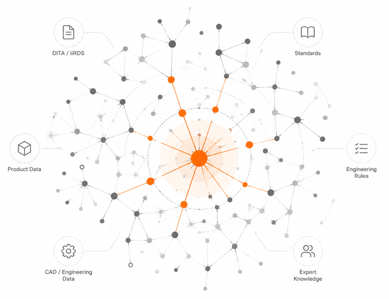 Diagram showing a Knowledge Platform connecting DITA, iiRDS, product data, CAD data, standards, engineering rules and expert knowledge.